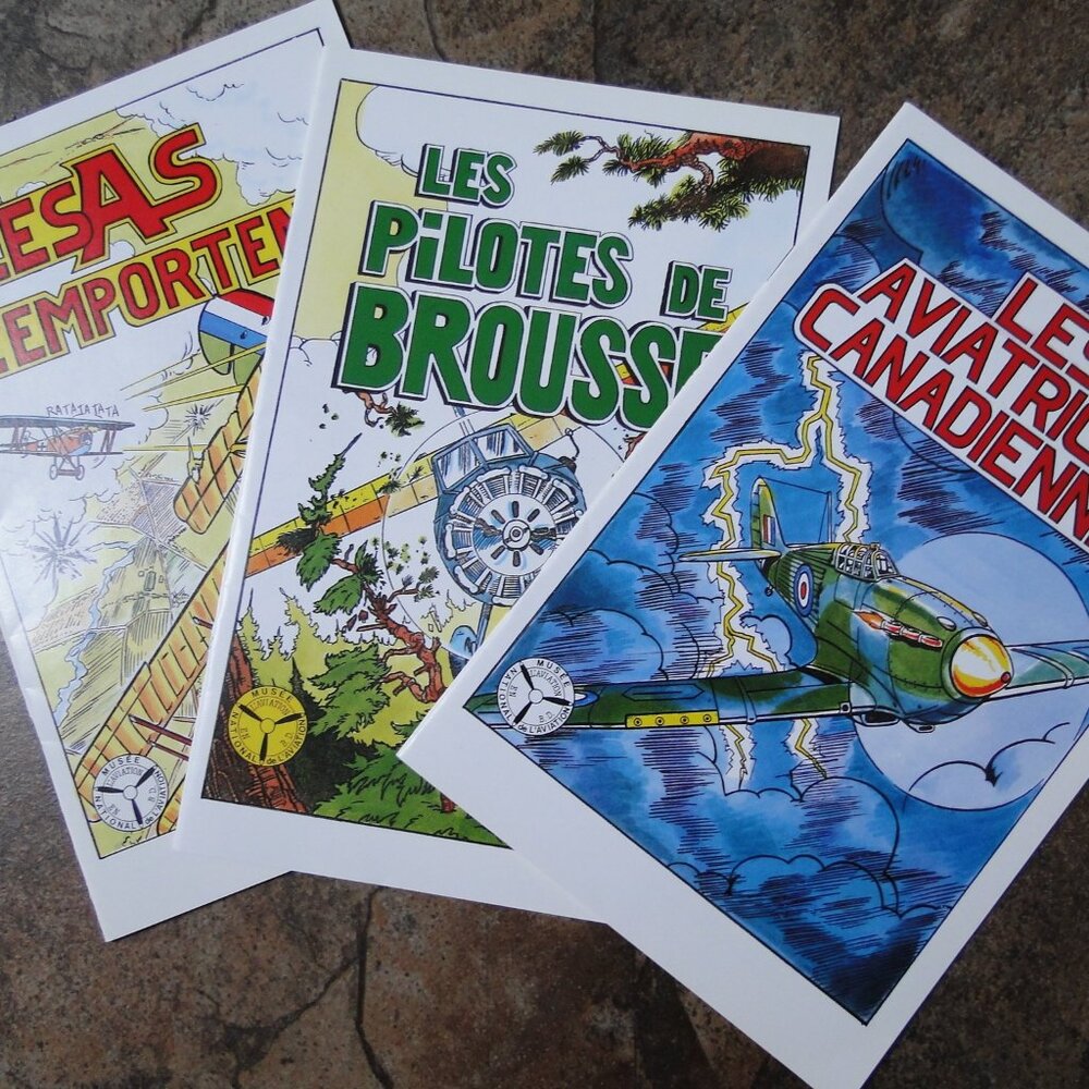 CARTOON SERIES OF 3 IN FRENCH ABOUT AVIATION